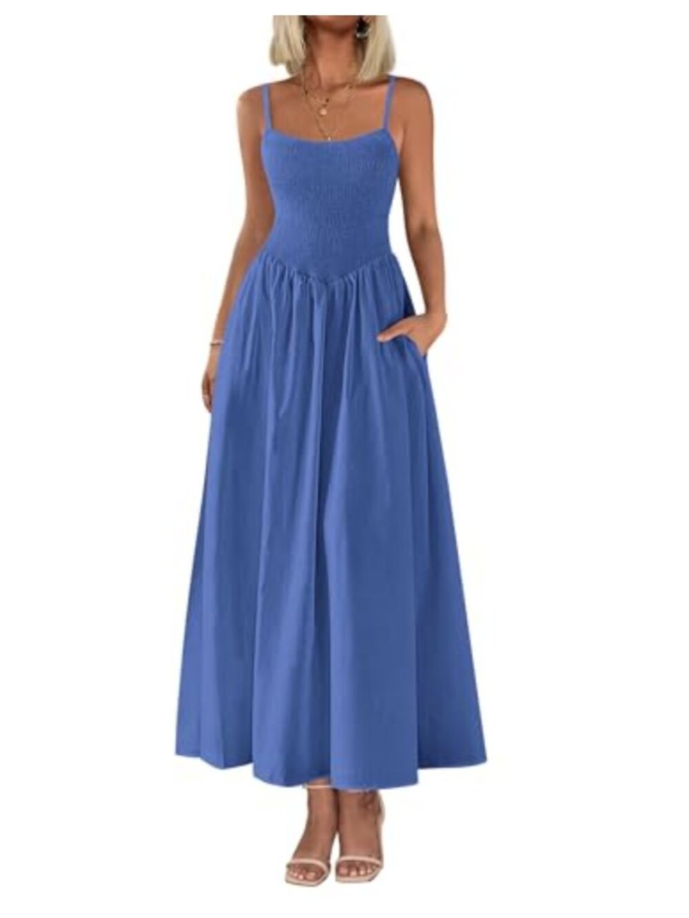 Cotton Spaghetti Strap Smocked Maxi Dress Sleeveless A-Line Flowy Sundress